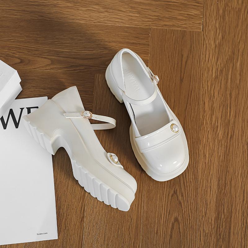 

Fashion Japanese single shoes small leather shoes women s heightened thick-soled high-heeled shallow mouth one-word buckle with pearl decorative Mary 40