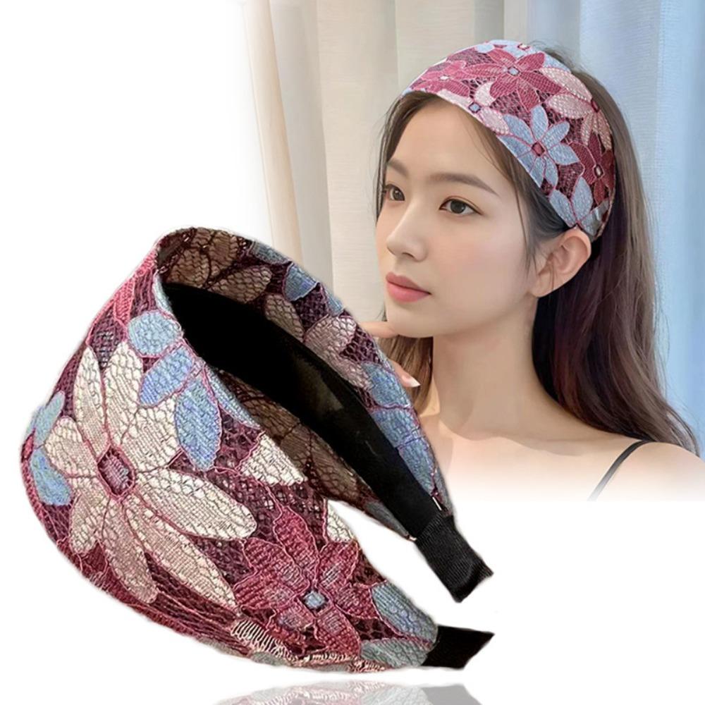 Fashion Embroidery Wide Headband Wide Brim Flower Lace Headband Non-slip Simple Hair Hoop Daily
