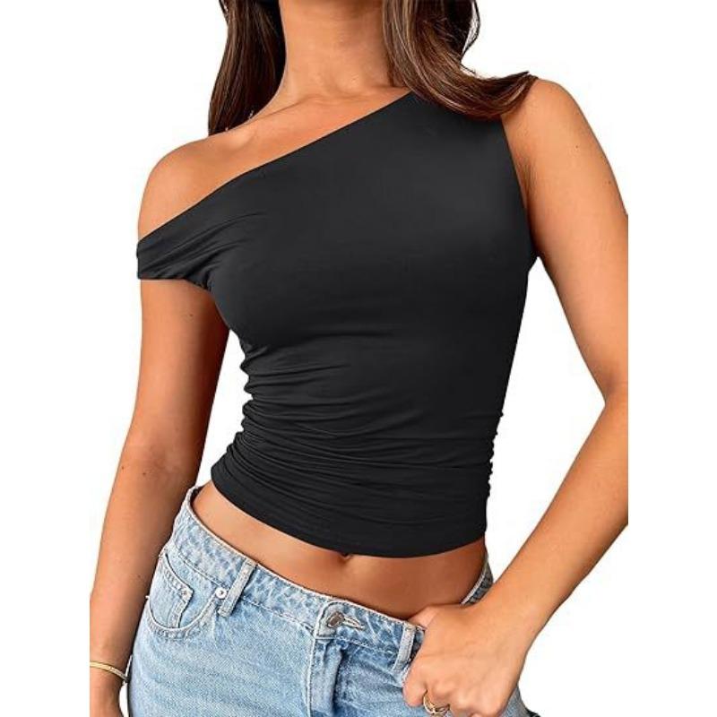 Women one shoulder asymmetrical short sleeve ruched crop top solid black slim casual tee