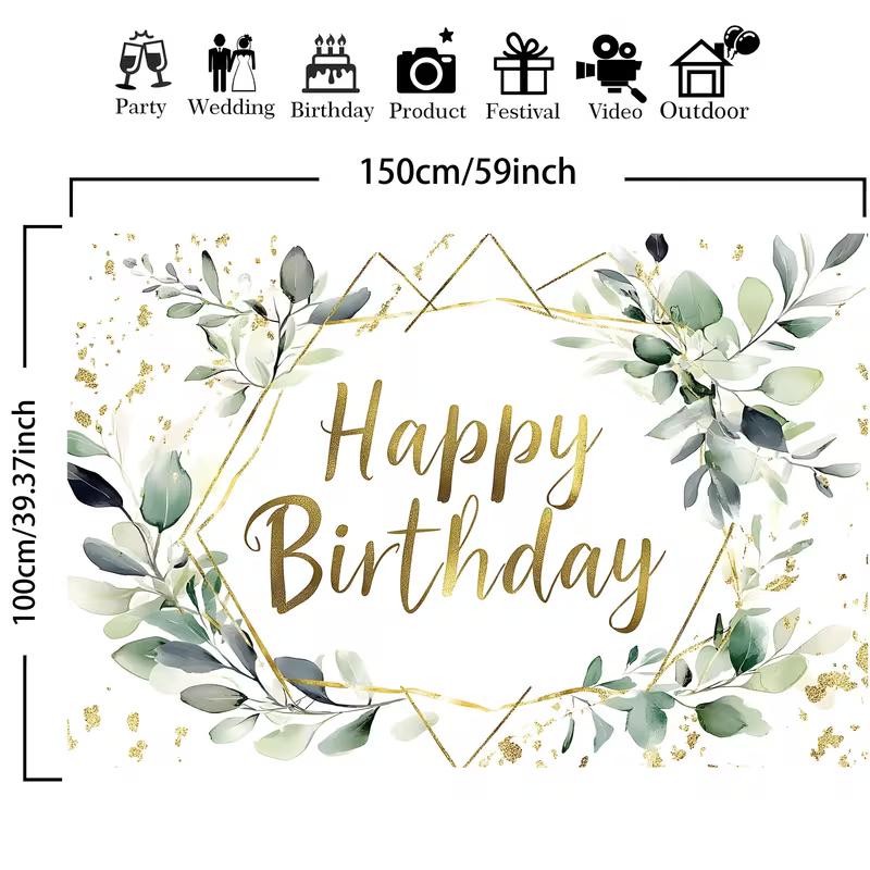 2D Eucalyptus Gold Birthday Backdrop, Elegant Birthday Party Photography Background