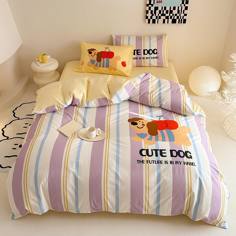 Pet Dog Cartoon Stripe Printed Bedding Set with Pillowcases,2PCS Two-sided Dachshund Printed Duvet Cover for Children and Adults