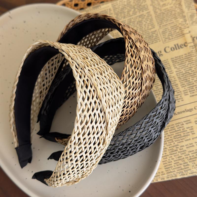 Women Bohemian Vintage Straw Woven Headband Wide Cross Design Hair Accessory Ladies