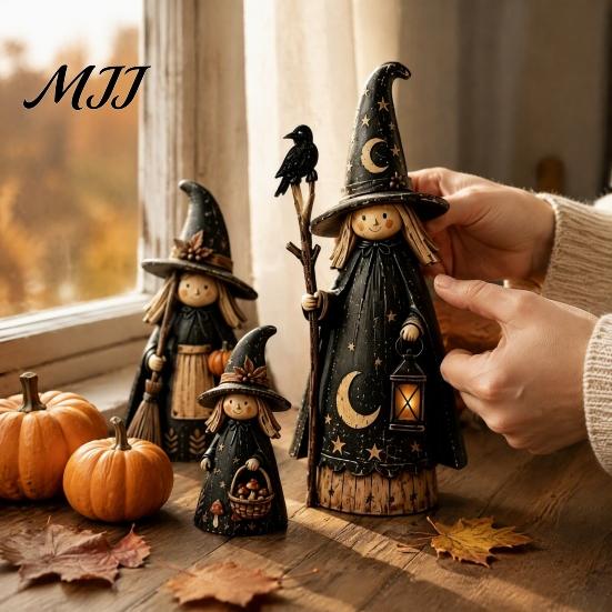 Vintage Style Halloween Table Decor Wooden Witch Ornaments, Distressed Figurines, Retro Tabletop Unique Accents Decoration with Pumpkin Designs