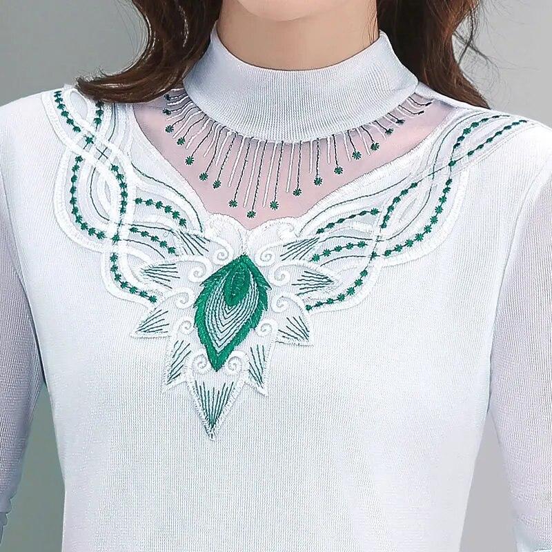 Toamnă Iarnă Tricouri noi din dantelă Cămașă cu jumătate de guler înalt pentru femei Pulovere cu mânecă lungă Top M-5XL