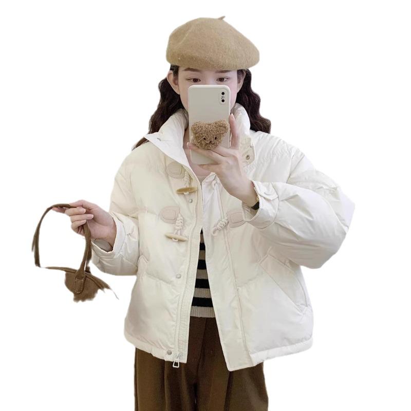 Cream Yellow Horn Buckle Down Jacket Women's Short Light and Small Design Sense White Duck Down Stand-up Collar Bread Jacket