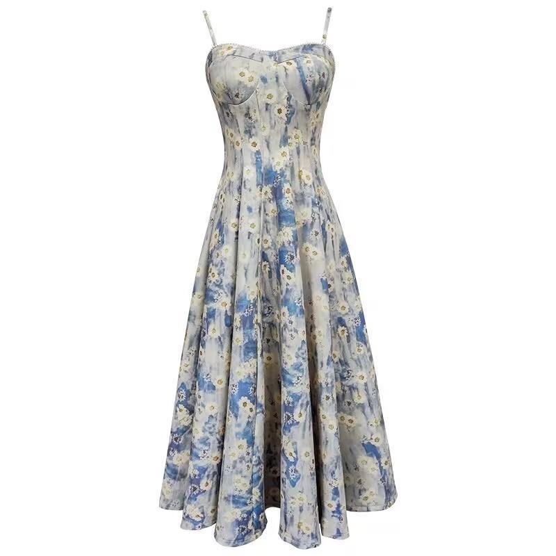 French blue oil painting floral suspender dress female summer 2026 new waist fairy texture long dress