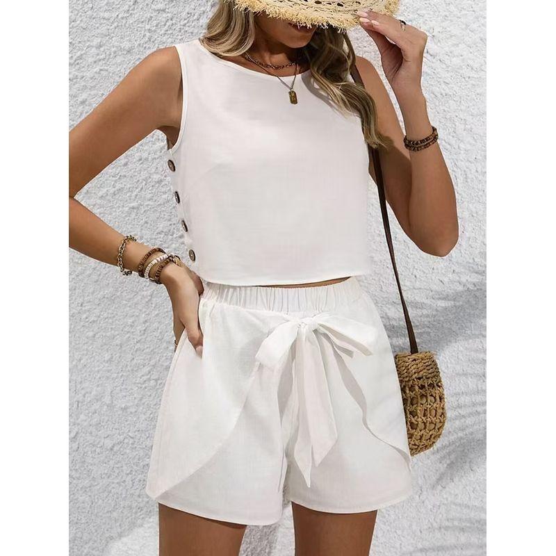 Fashion Wind Fashion Cotton Linen round-Neck Vest Shoelace Shorts Two-piece Set Sexy Top and Pants Set