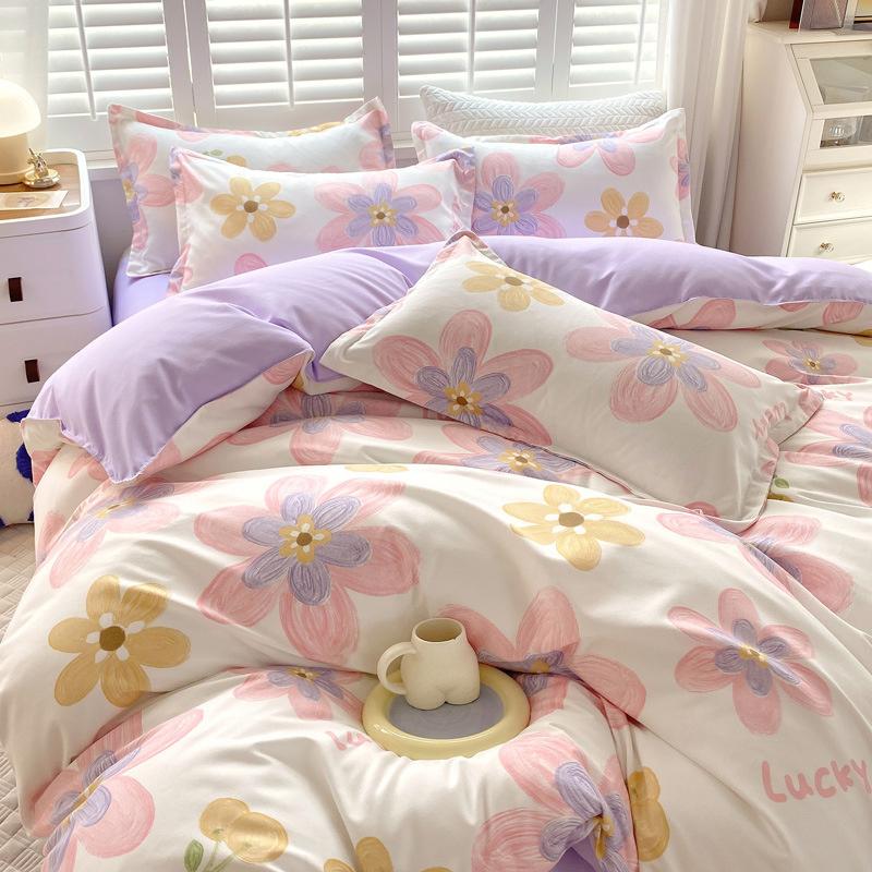 INS Double-sided Availability Pink Blue Cute Cat And Rabbit Bedding Set Duvet Cover Sheets With Pillowcases Full Size Bedroom