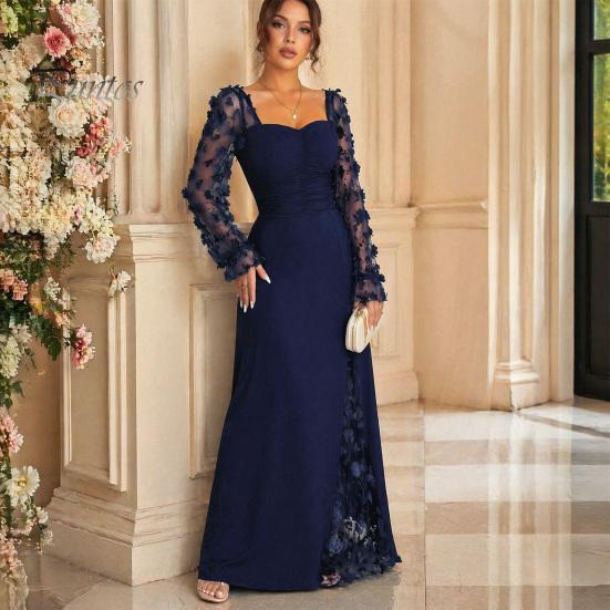 Summer Maxi Dress Flower Lace Sleeve Long for Women, Square Neck Ruffle A-Line Slim Waist Dress, Solid Color Party Soft Women