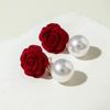 Pearl Wine Red Bow Drop Earrings Bowknot New Year Earrings Exquisite Red Velvet Bow Earrings  Women