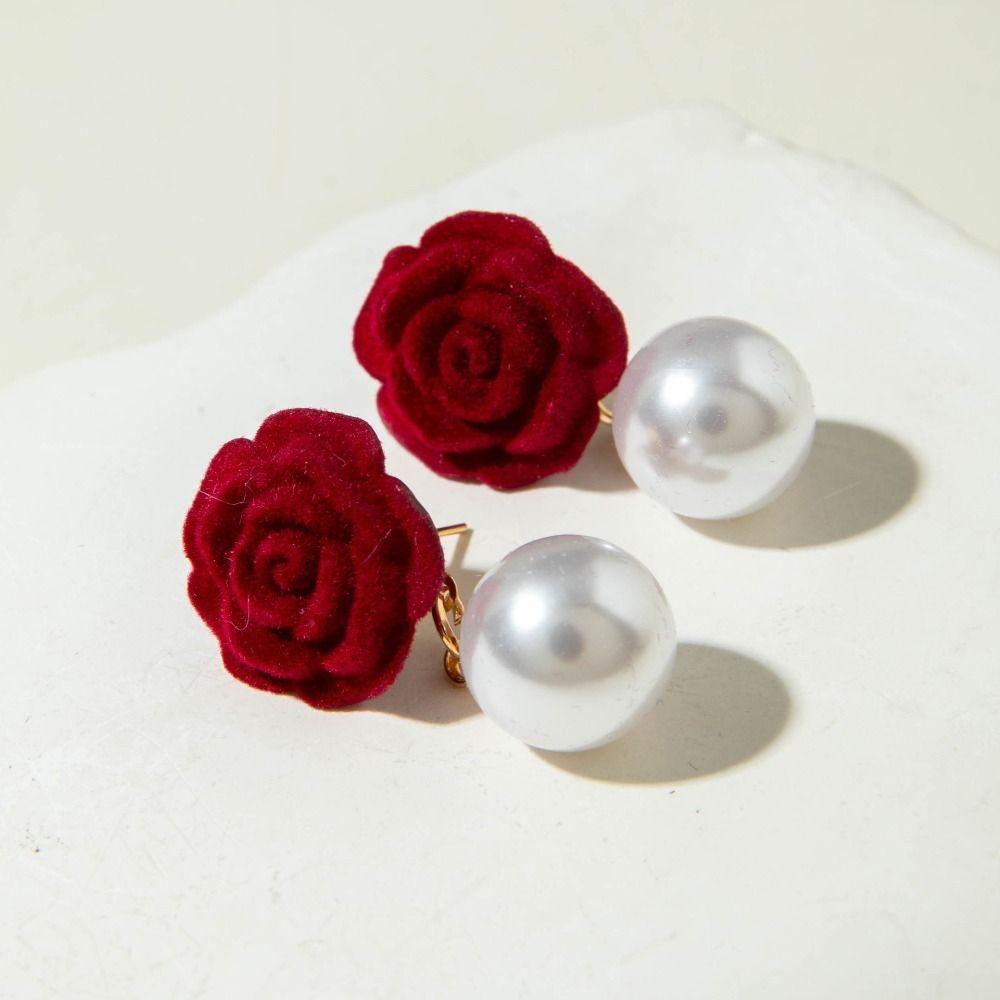 Pearl Wine Red Bow Drop Earrings Bowknot New Year Earrings Exquisite Red Velvet Bow Earrings  Women