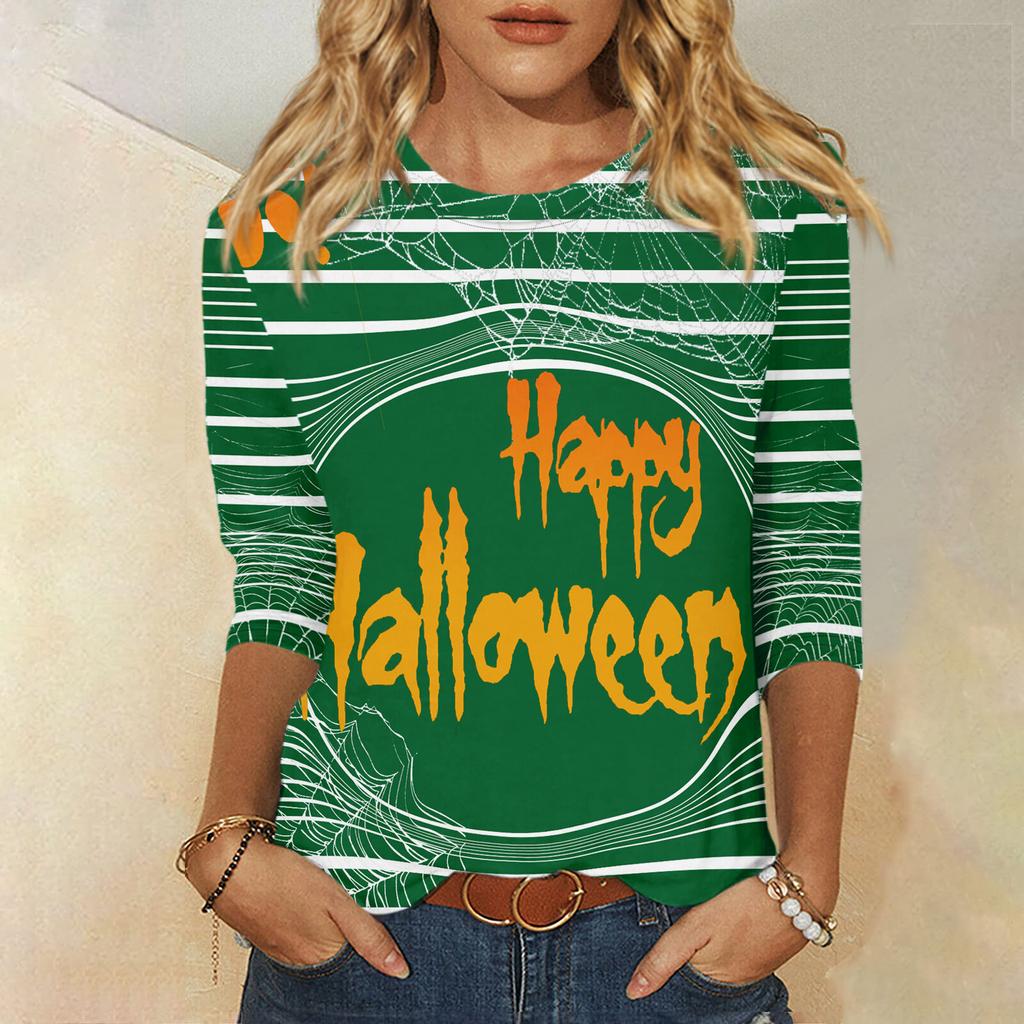 2024 New Women's Halloween Long Sleeve T-Shirt Spider Web Print Round Neck Casual Basic Loose Ladies Designer Tops