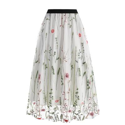 Vintage Mesh Flower Embroidered Skirt Elegant Sweet A-line Skirt for Spring Summer