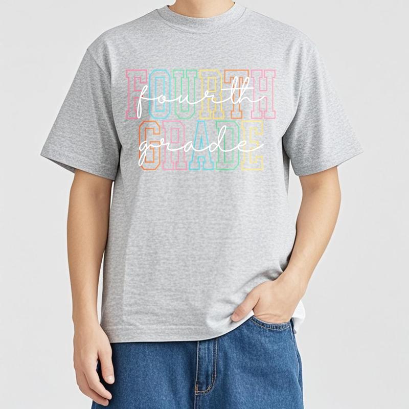 Men Cotton Tshirt Plus Size Summer Unisex T Shirt Fourth Grade Rainbow Outline Text Short Sleeve Printed O Neck Top Tees
