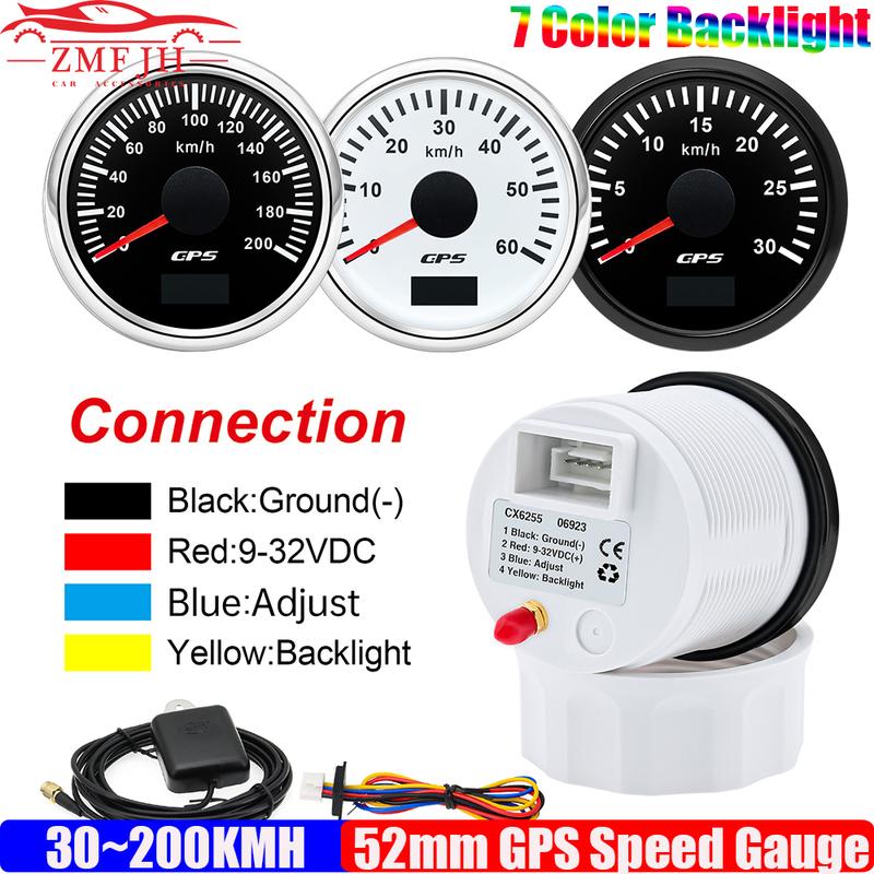 30KMH,60KMH,80KMH,120KMH,200KMH GPS Speedometer Gauge with Antenna 7Color LED 52mm Speed Meter for Marine Boat Car 12V24V