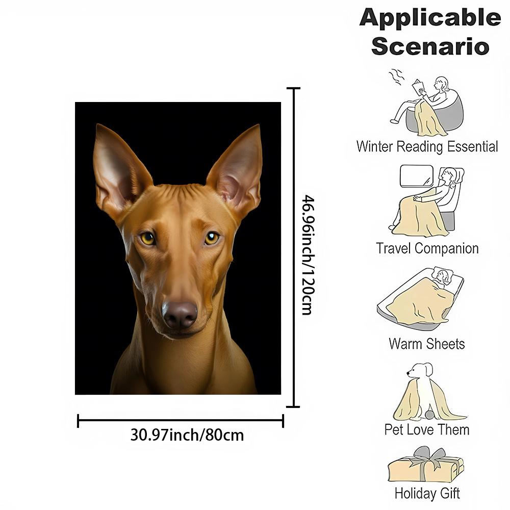 Reversible Flannel Fleece Blanket with Digital Print of Pharaoh King of Dogs - Light Brown with Yellow Eyes and Black Ears, Soft