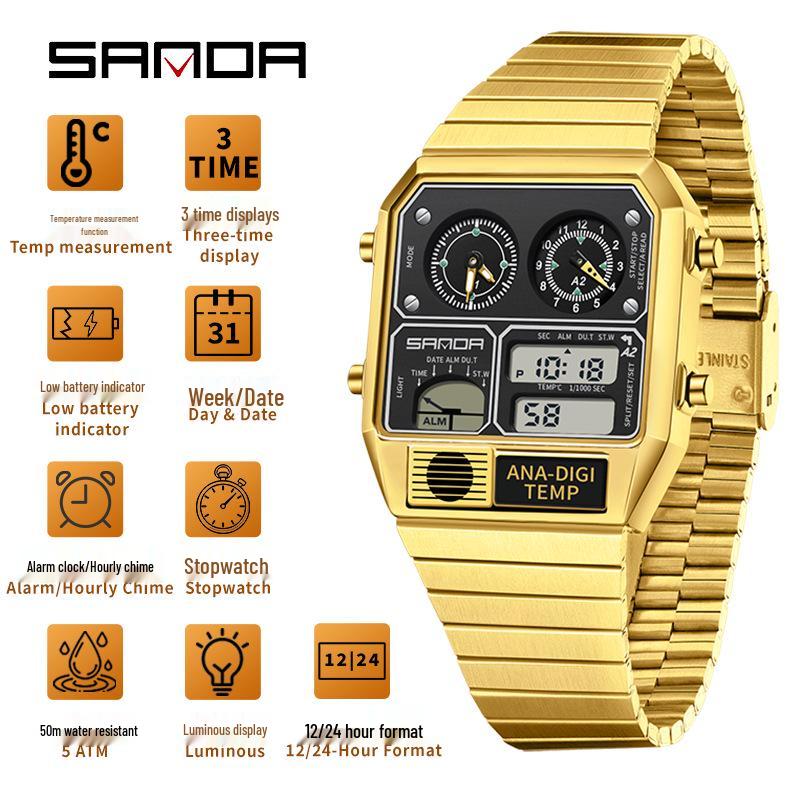 Sanda Men s Retro Square Multi-functional Waterproof Electronic Watch with Temperature and Stopwatch