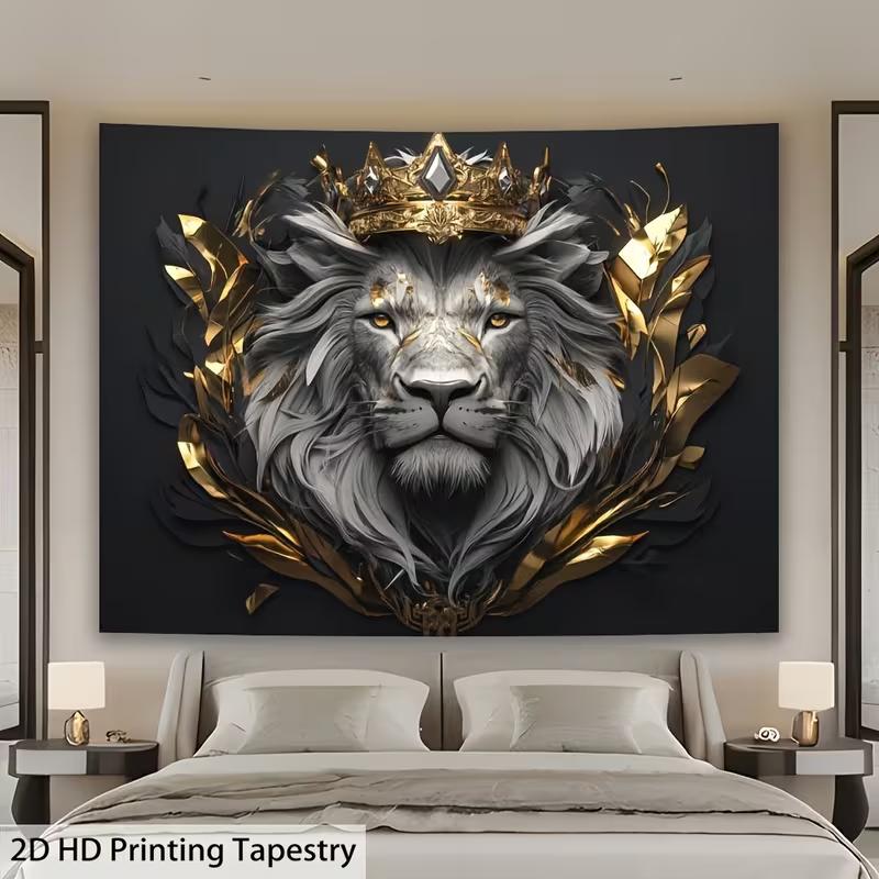 2D King Lion Tapestry Background Cloth Black Gold Crown Lion Wall Decor Banner