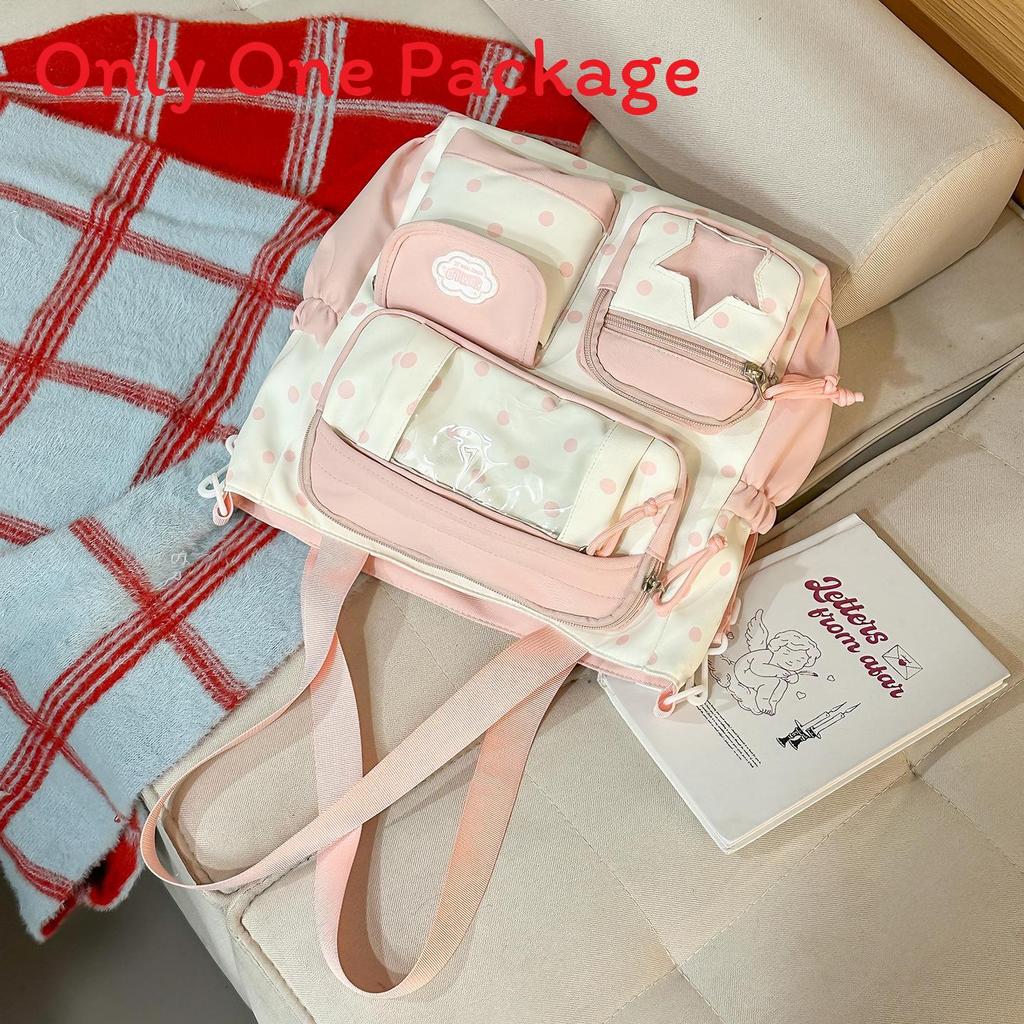 Nylon School Backpack For Girls With Polka Dot Pattern And Padded Shoulder Straps For Campus Use