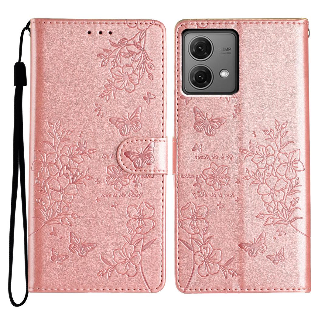 Für Motorola Moto G84 5G Ständerhülle Schmetterling Floral Prägung Leder Handyhülle mit Brieftasche