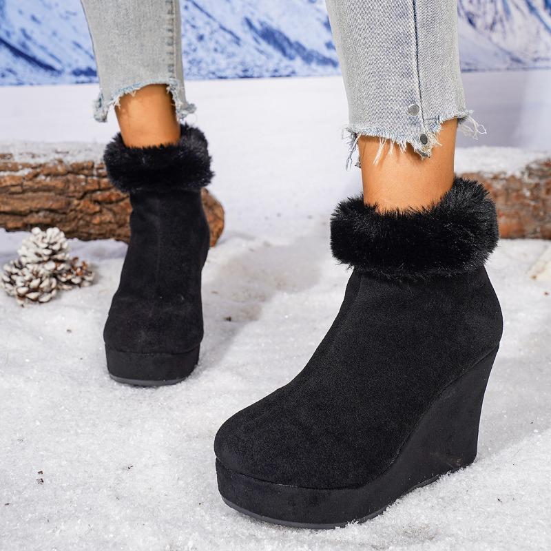Winter New Round Toe Side Zip Platform Non-Slip Suede High Heel Booties Wedge Cotton Shoes