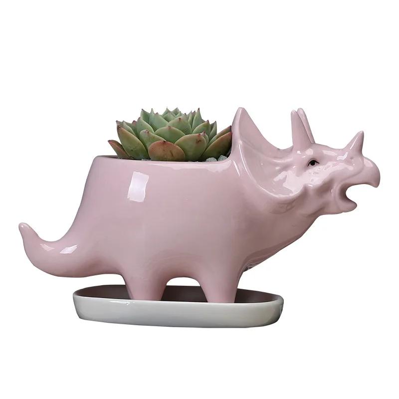 Ceramic Triceratops Planter with Tray, Creative Dinosaur Statue Garden Pot for Succulents Flower Pots Home Office Desktop Decor