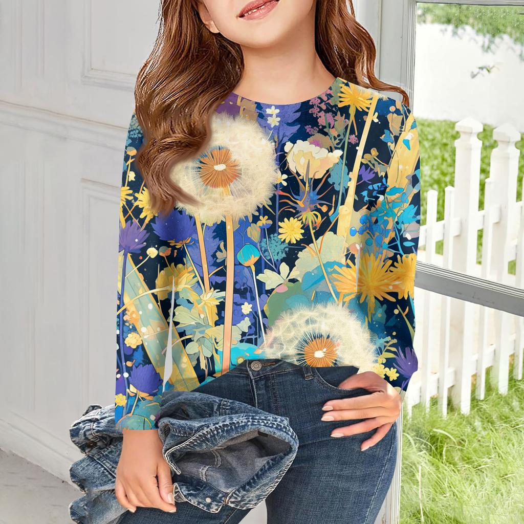 Dívčí trička s dlouhým rukávem Dětské podzimní topy Kulatý výstřih Potištěná základní trička