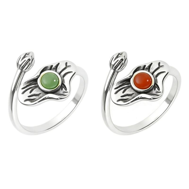 Adjustable Copper Ring With Natural Red Agate Lotus Flower Design Vintage Boho Statement Finger Women