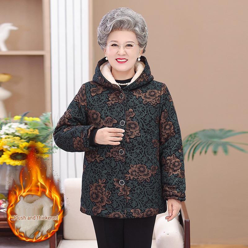 Grandma Winter Hooded Cotton Jacket - Thick, Warm, Plus Velvet for Middle-Aged & Elderly Women
