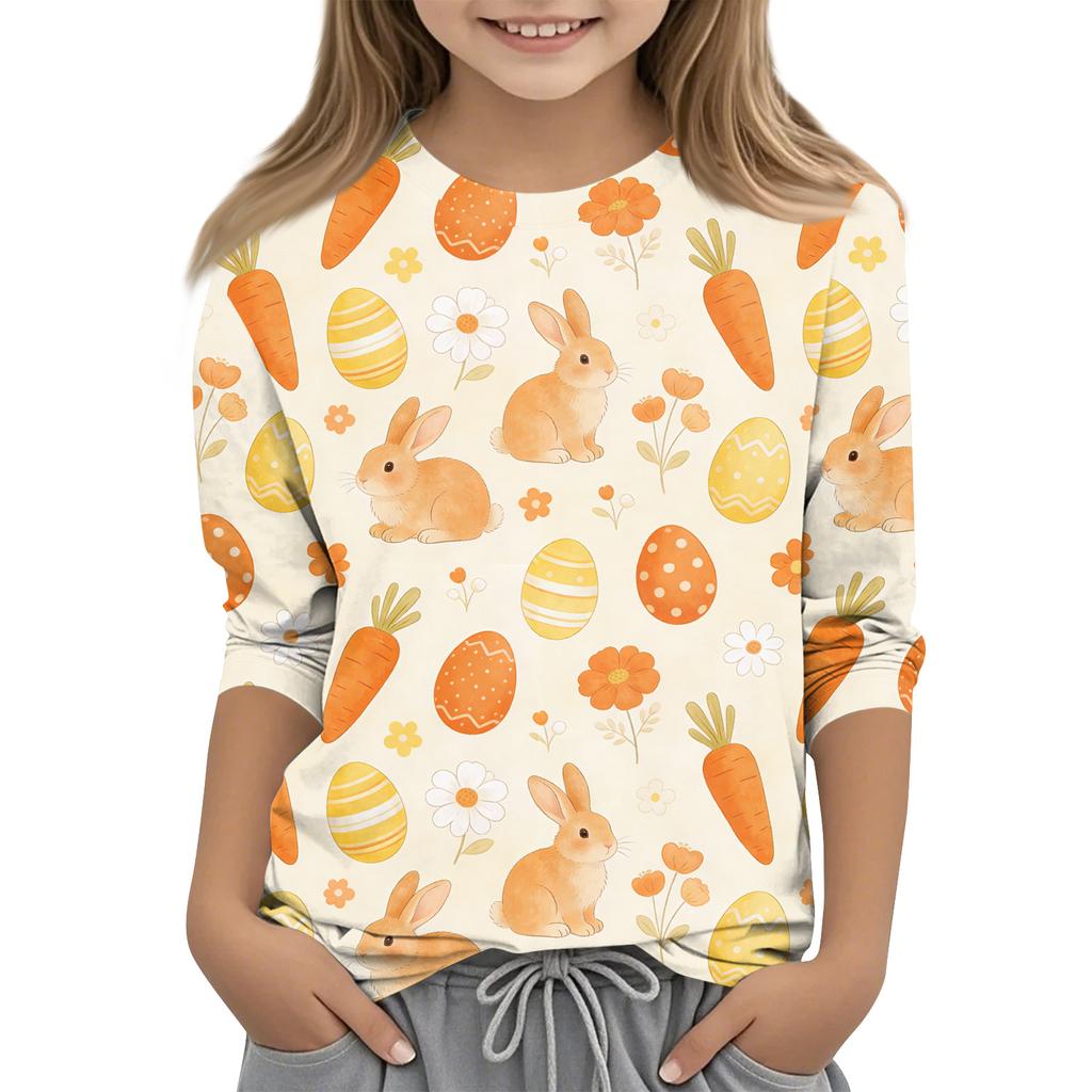 Haut décontracté pour enfants à manches sept-quarts, imprimé Pâques, col rond, imprimé