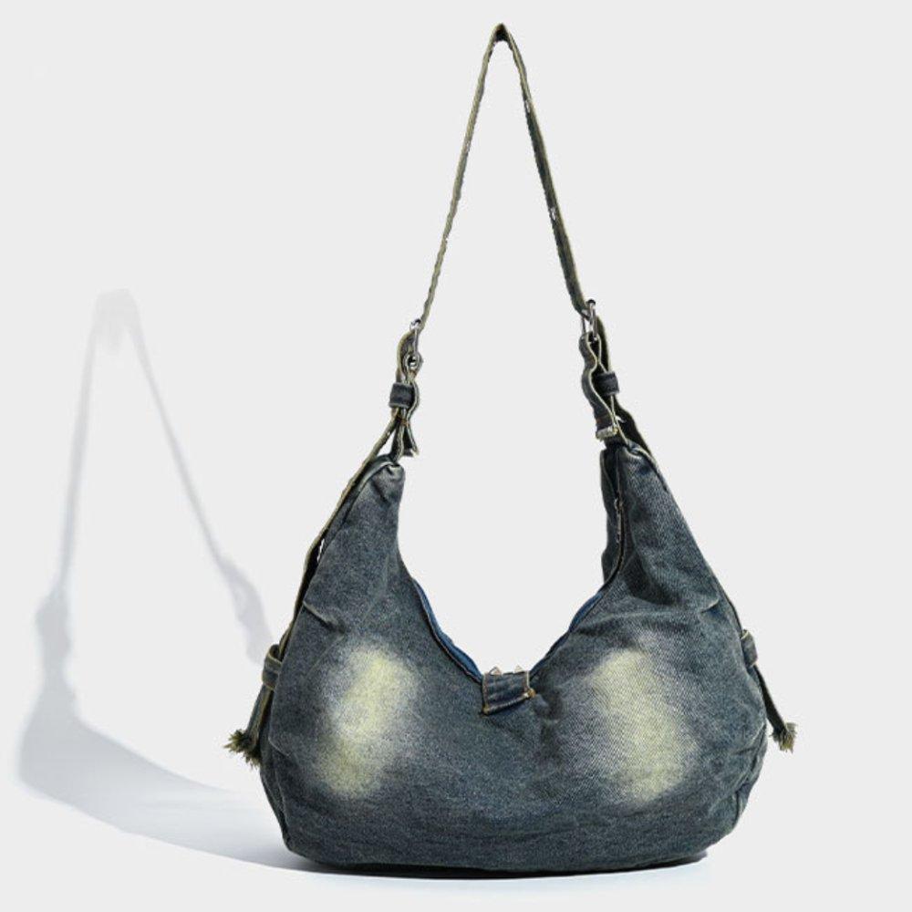Borsa Tote in Denim Lavato con Borchie Grande Capacità Borsa a Spalla Crossbody Borsa da Lavoro da Donna