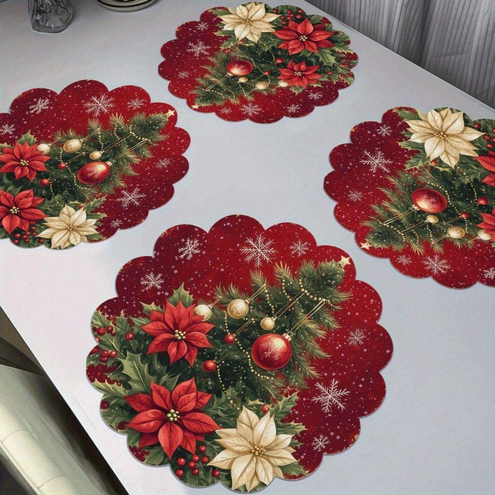 4Pcs Heat Resistant Linen Placemat Anti-slip Snowflake Placemat Christmas Round Placemat Party