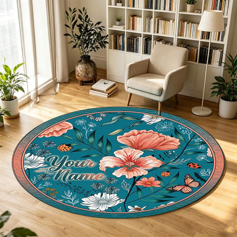 Floral Flowers (887) Theme Circular Crystal Velvet Carpet Customized Name & Text Round Soft Floor Rug For Living Room Bedroom Decor