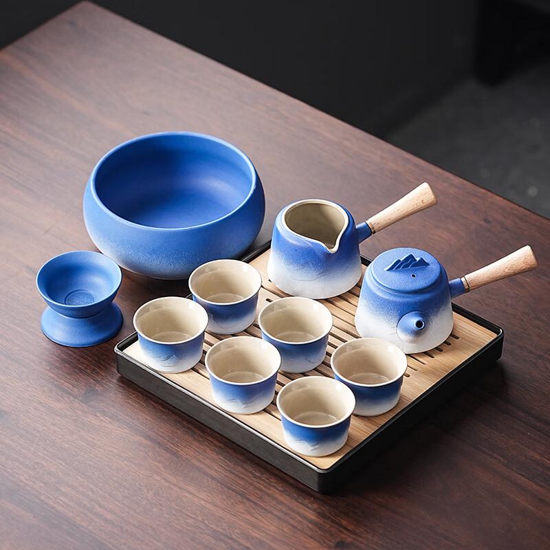 Red-Orange Mountain & Sea Ceramic Tea Set with Tray