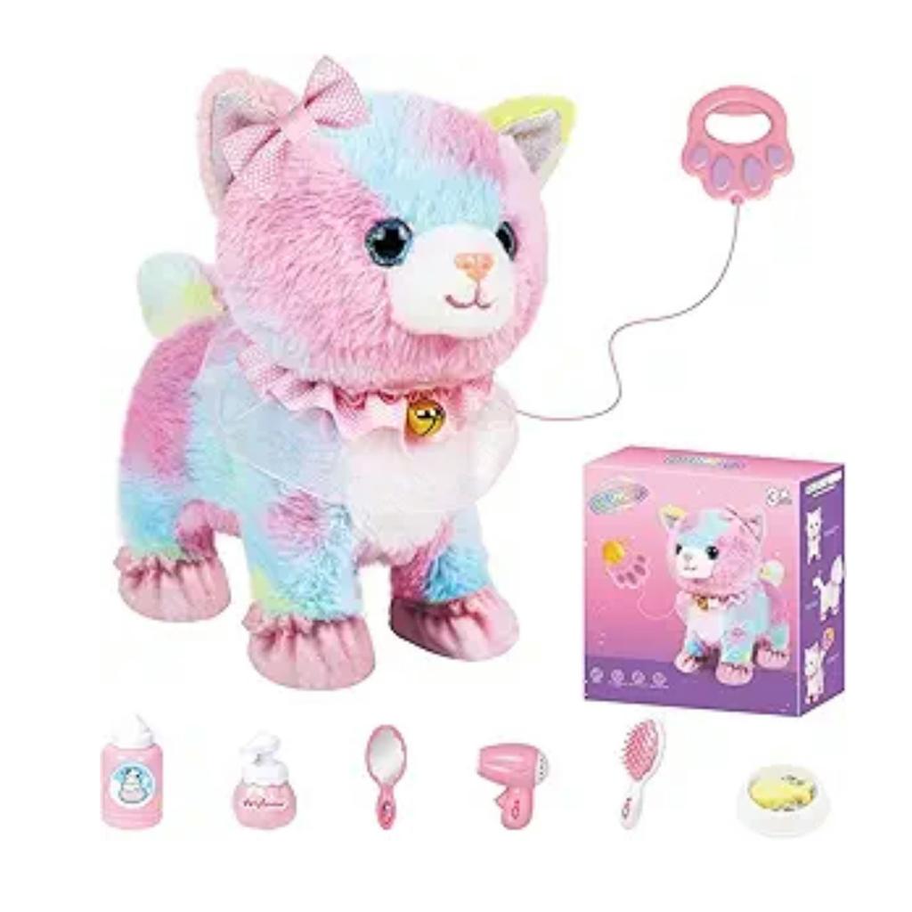 Interactive Lifelike Walking Toy Cat for Kids, Touch&Voice Controlled Remote with Leash, Wags Tail, birthday Christmas Gift