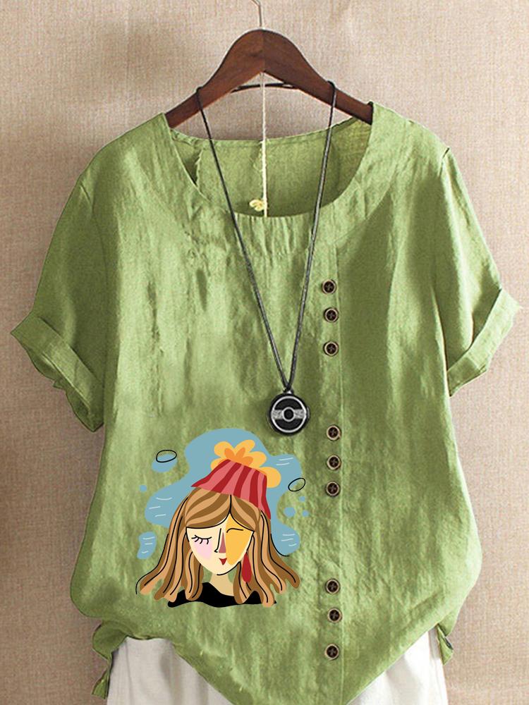 Women's Fashion Abstract Girl Print Round Neck Short Sleeve T-shirt Summer Casual Cotton Linen Graphic Shirt Leisure Loose Blouse Tops