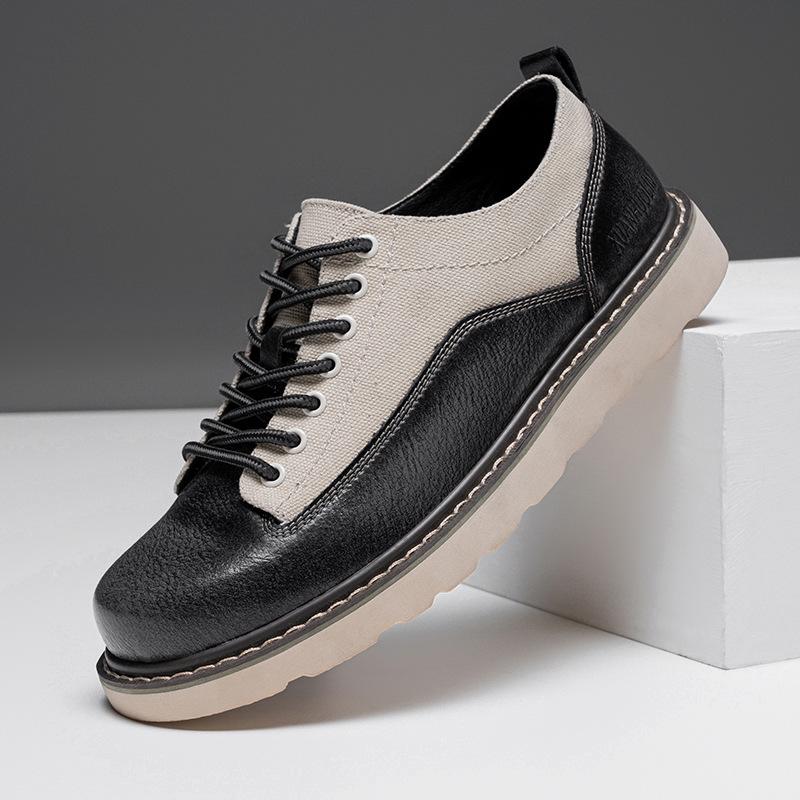 2025 Big Toe Men's Canvas Patchwork Leather Shoes Loafers Retro Workwear Shoes New High-quality Outdoor Casual Leather Shoes
