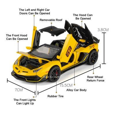 Scale 1:32 SVJ63 V12GT Toy Sports Car Model Alloy Diecast Sound Light Doors Opened Cars Models Children's Interactive Toys