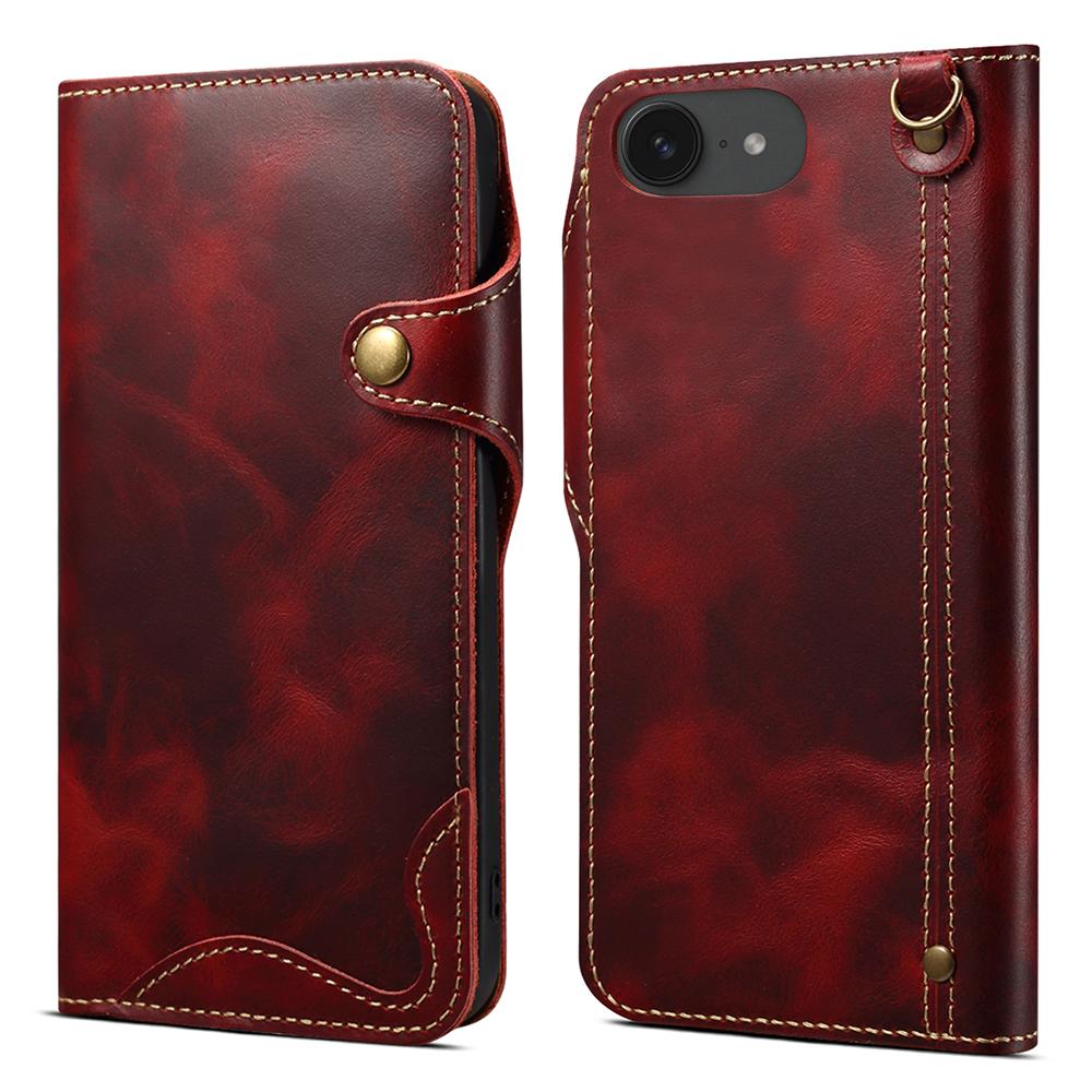 For iPhone 16e Case Wallet Waxy Genuine Cow Leather Shockproof Phone Cover with Wrist Strap