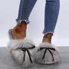 Fashion Sweet Bowknot Mix Color Faux Fur Slides Women 2025 Autumn Warm Short Plush Outdoor Slippers Soft Sole Cotton Mules Slippers