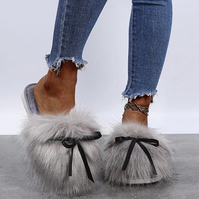 Fashion Sweet Bowknot Mix Color Faux Fur Slides Women 2025 Autumn Warm Short Plush Outdoor Slippers Soft Sole Cotton Mules Slippers