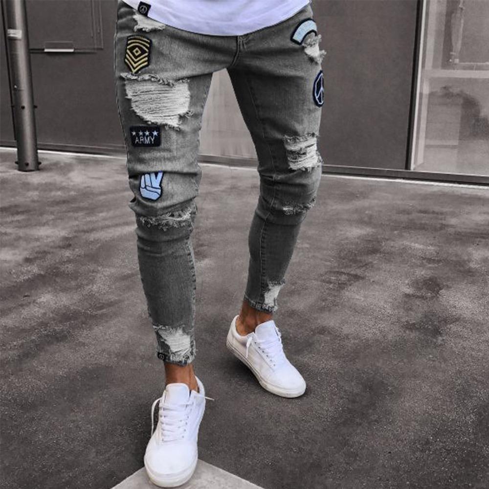 White Embroidery Skinny Ripped Jeans Men Cotton Stretchy Hole Slim Fit Hip Hop Denim Pants Casual Jeans for Men Jogging Trousers