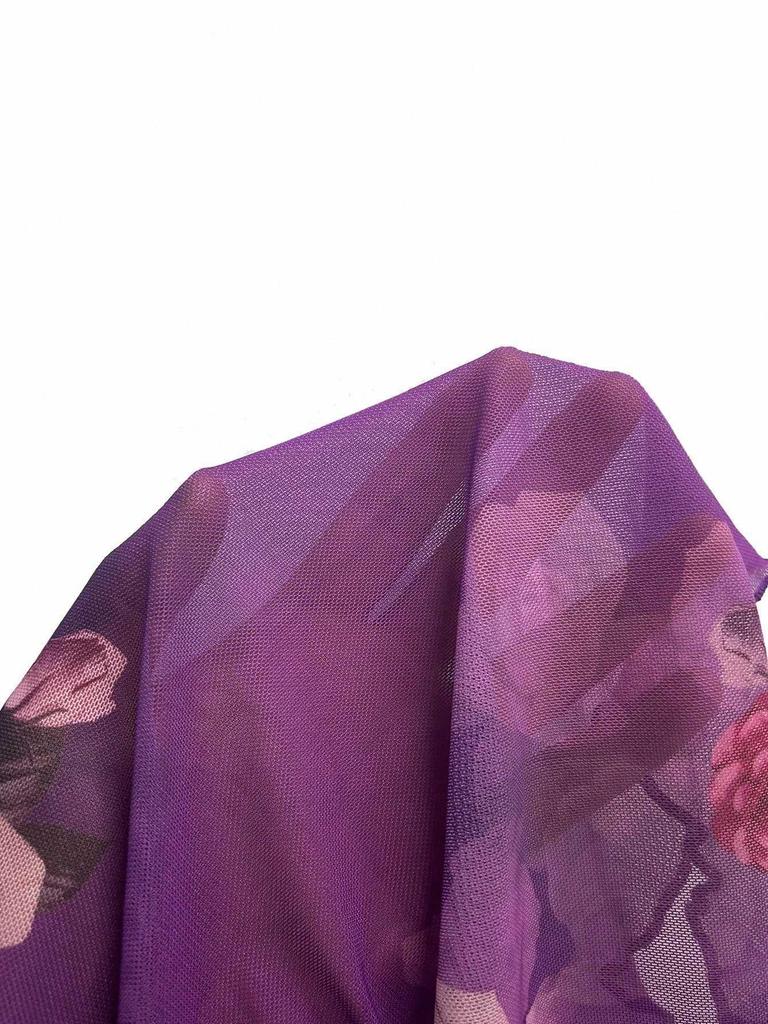 French Floral Asymmetrical Hem Mesh Shirt - Elegant, Sexy, Casual Vacation Top