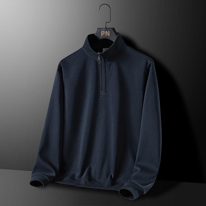 Men's Loose Standing Collar Half Zipper Casual Pullover Top with Long Sleeves