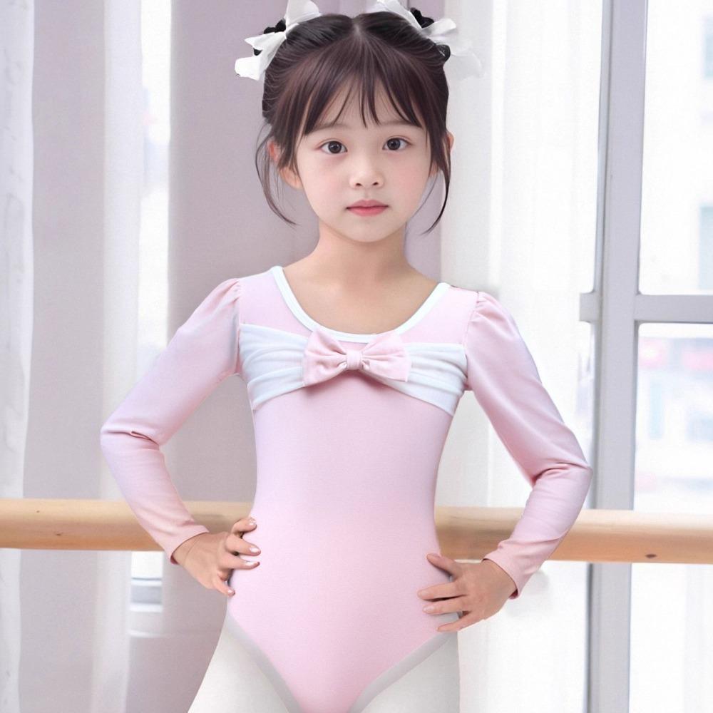 Girls Long-Sleeve Ballet Dance Costume Leotard Dress Pink White Tutu Skirt Stretch Fabric Dancewear Performance Gym Suit