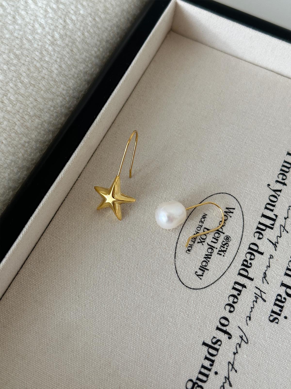 

Серьги-гвоздики в стиле ретро с натуральным жемчугом, элитный нишевый дизайн, асимметричные серьги-гвоздики в форме звезды, новые серебряные серьги-иглы. 925 silver needles