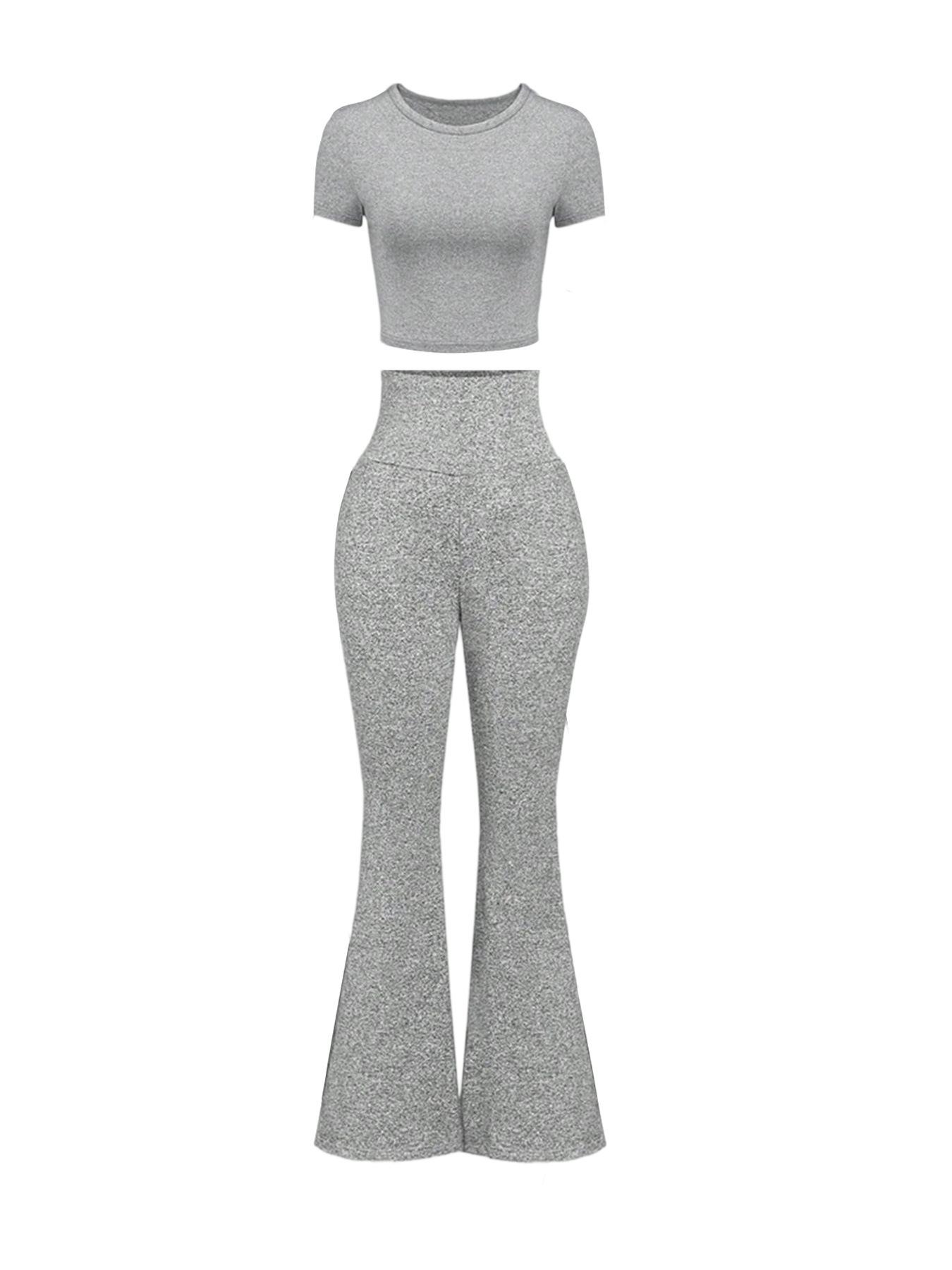 

Spring Summer Flared Pants High Waisted Crop Short Sleeve Multi Occasion Sportswear Casual Set For Women XL світло-сірого кольору