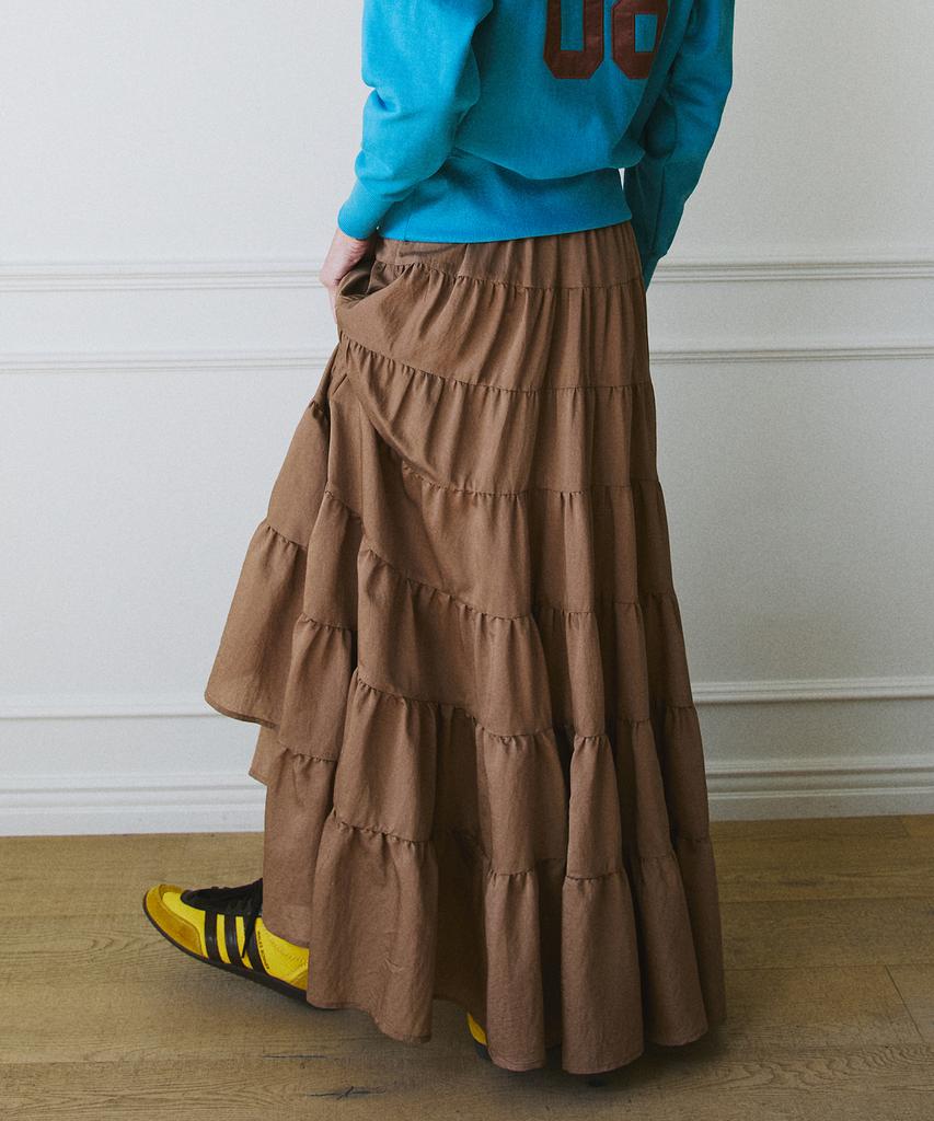 Green Butter Cancan Ruffle Long Skirt (Brown)