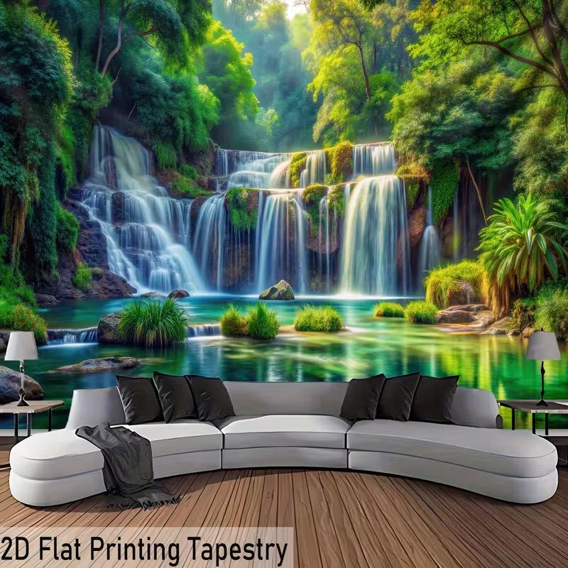 2D Peaceful Tropical Forest Cascade Landscape Wall Hanging, Natural Greenery Home Background Tapestry 47.2x31.5inch/120*80cm