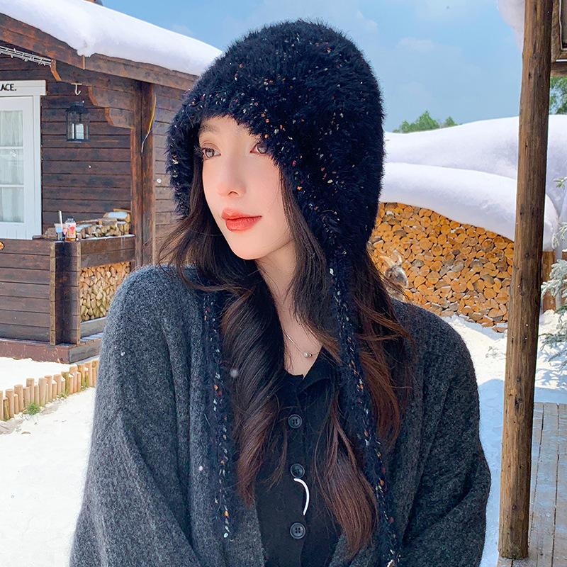 Female autumn and winter cute lace-up plush hat outdoor windproof thickened wool hat showing small face ear protection knitted hat